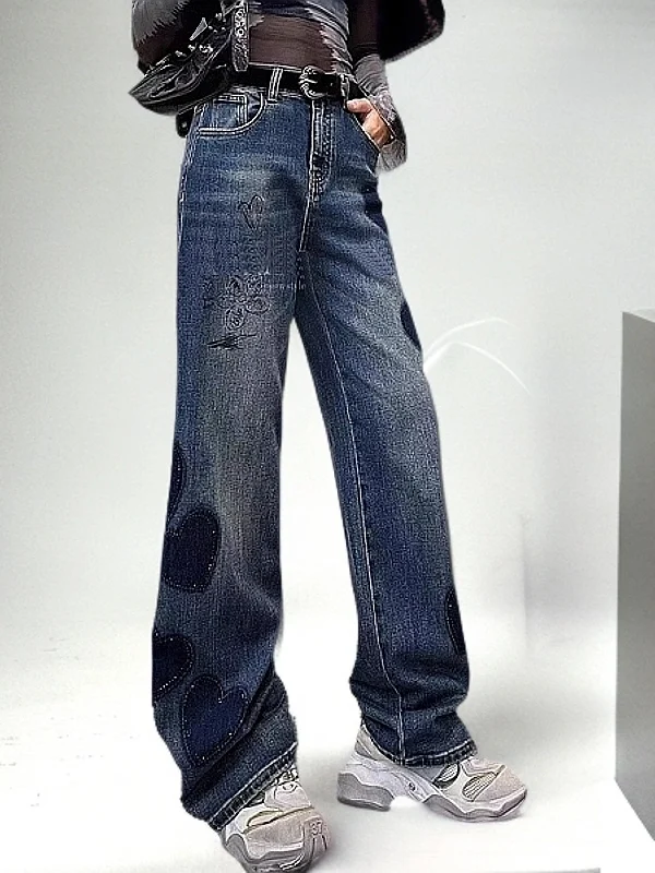 

Spring 2026 Loose Wide Leg Jeans Women's Straight Cut fiti Denim Casual High Waist ket Multi Love Heart Blue Color