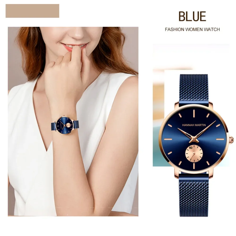 

HANNAH MARTIN 1335 Women Watch Quartz Watch Small Second Hand Waterproof Exquisite Steel Mesh Strap Watch for Women Reloj Mujer