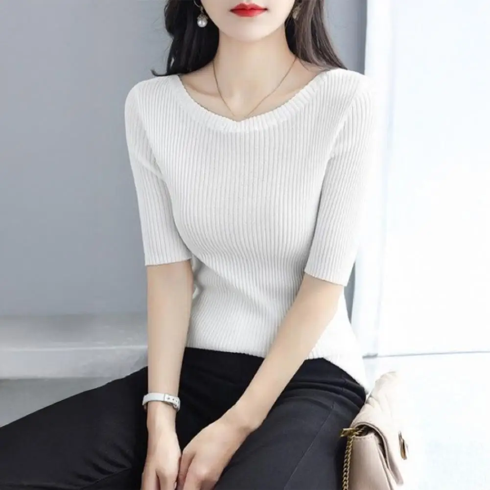 Korean Style Women Tee Shirt Women Tops Solid Color Ribbed T-Shirt Round Neck Half Sleeve Elastic Pullover Tops Daily Wear
