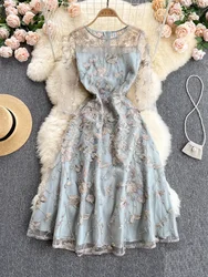 Summer New Embroidery Mesh Vestidos Round Neck Ladies Noble and Elegant Temperament Women's High-end Midi Dress DK410