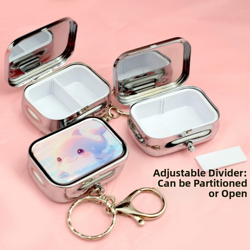 Cartoon Pillbox Keychain Pendant Movable Compartment Portable Mini Storage Box Rectangular Metal Keychain Pill Holder Travel