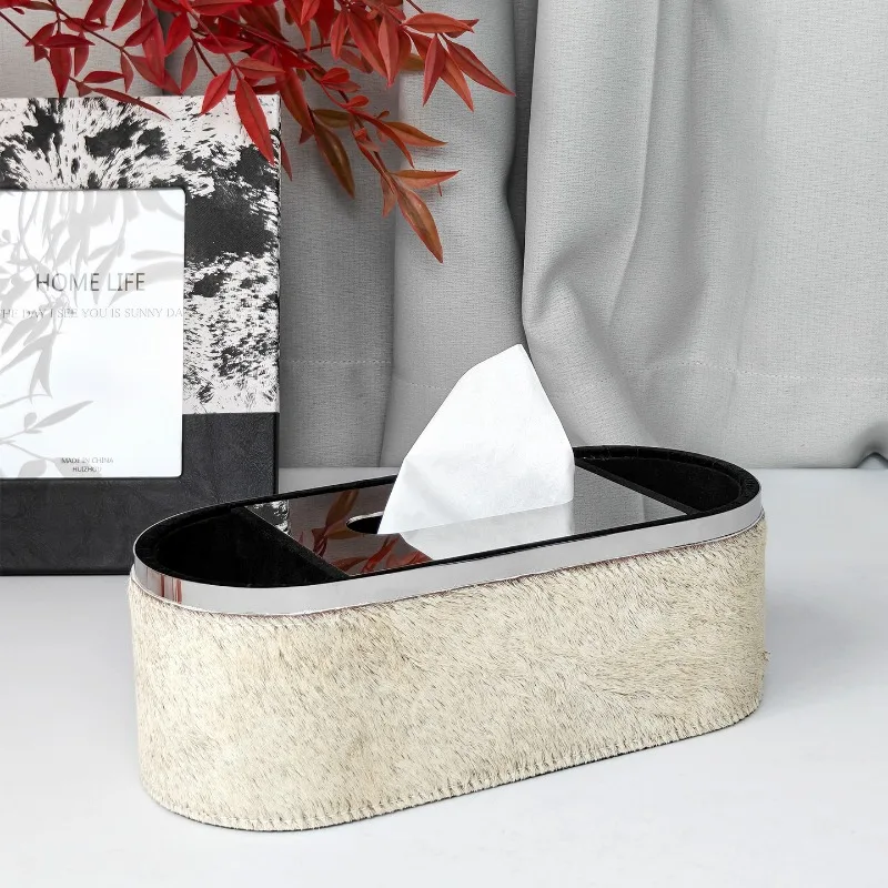 Horse Hair Tissue Box Luxury Light Style Multifunctional Desktop Storage Holder For Living Room  Remote Control Organizer