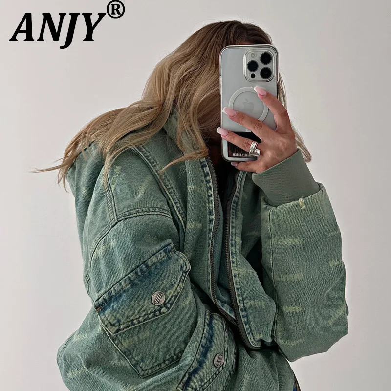 

ANJY Autumn Winter New Women Distressed Fashion Denim Hooded Padded Coat Multiple Pockets Trend Chic Ins Fit Safari Style A12212