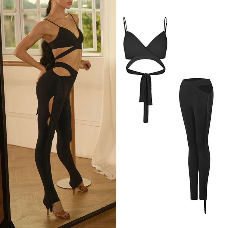 

ZYM Chacha Latin Dance Clothes Women Sexy Tops Tassle Leggings Black Latin Pants Adult Latin Dancewear Practice Clothing NV27168