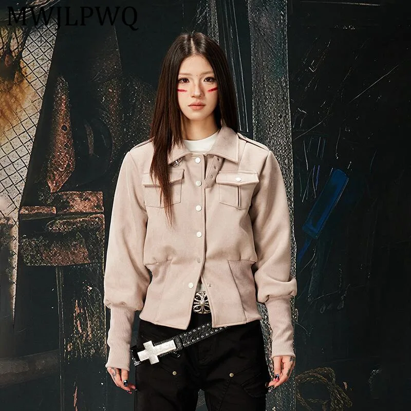 

MWJLPWQ Women's =New Retro Short Slim Fit Stand Collar Jacket Lapel Multi Pocket High Street Single Breasted Casual Tops 13275