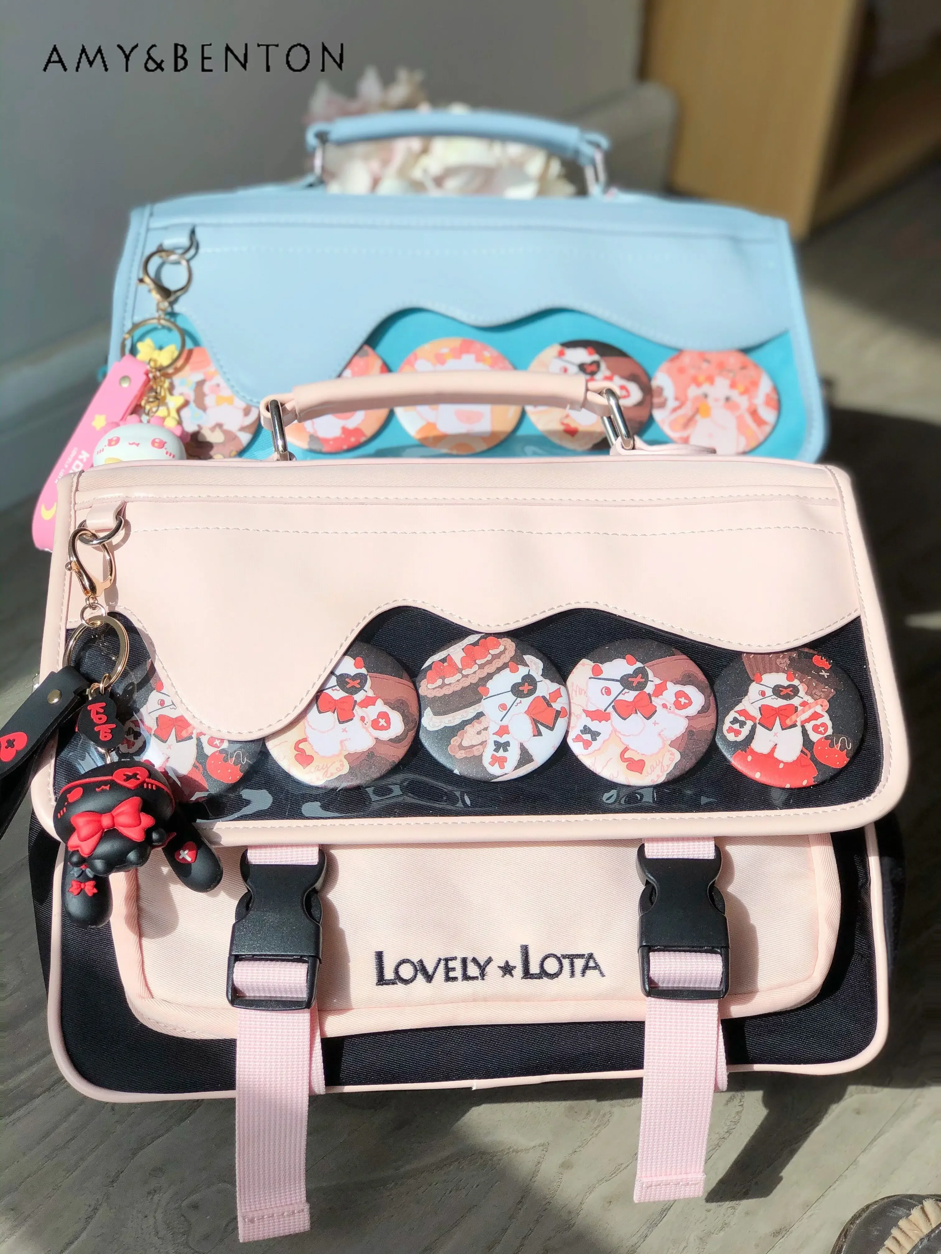 Japanese Style Sweet Girl Transparent Large Capacity Backpack Preppy Style Cute Splicing Color Leather Messenger Bag Students