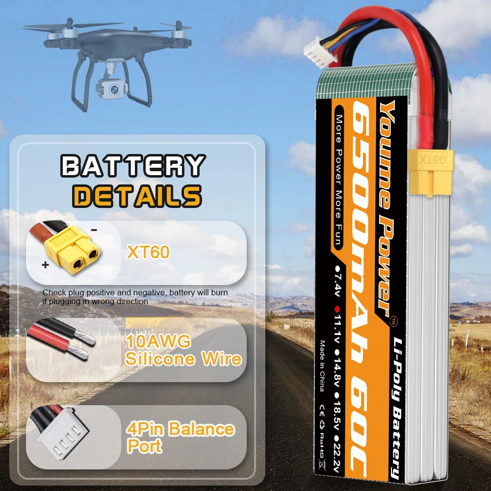 YOUME 6500mah يبو 2S 3S 4S 6S بطارية 7.4 فولت 11.1 فولت 14.8 فولت 22.2 فولت 50C ل RC طائرة هليكوبتر سيارة قارب شاحنة أجزاء