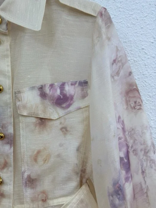 

Silk Linen Women Spring Summer New Floral Printing Long Lantern Sleeve Mini Dress with Belt Turn-down Collar Single Breasted