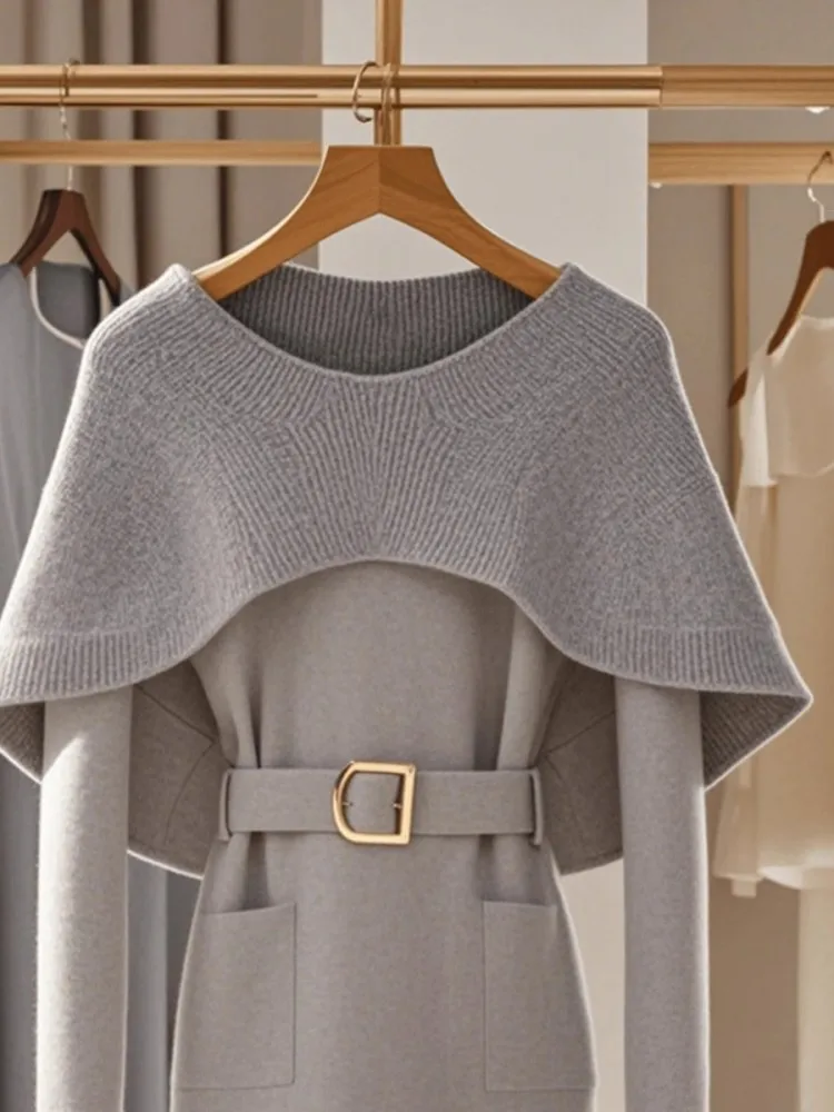 Retro Soft And Sticky Knitted Sweater For Women In Autumn And Winter, With A High-End Feel And A Unique Gray Cape Sweater