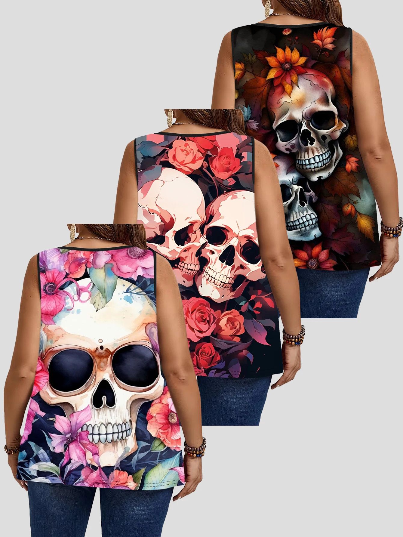 3-Piece Set of Plus-Size Sleeveless Vests with Floral Layered Skull Art Print for Autumn, Suitable for Casual Summer Wear