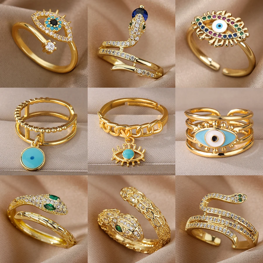 Kubischer Zirkon-Ring mit bösem Blick für Damen, vergoldeter Edelstahl, Schlangenmuster, verstellbarer Ring, Glücksbringer, Hochzeitsschmuck