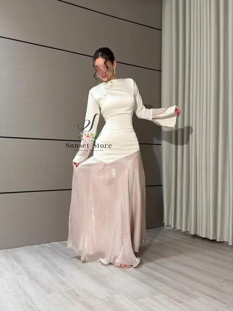 Customized Contrast Color Evening Dresses A Line Muslim Wedding Party Gown Boat Neck Flare Sleeve Formal Maxi Dresses