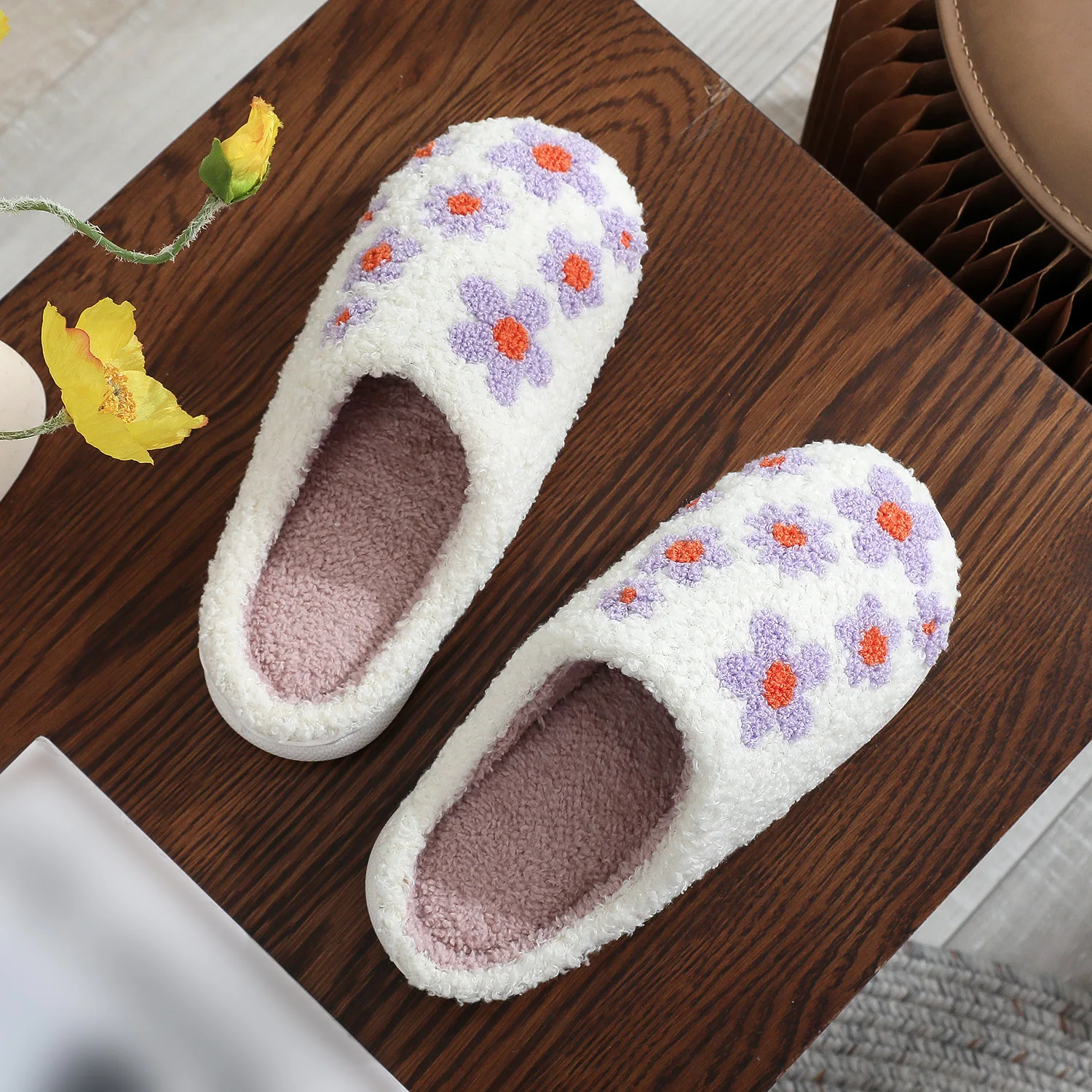 women Purple Lilac Embroidered Cotton Home Slippers Lavender Haze Flower Winter Warm Fluffy Flat Plush Slippers Birthday Gift