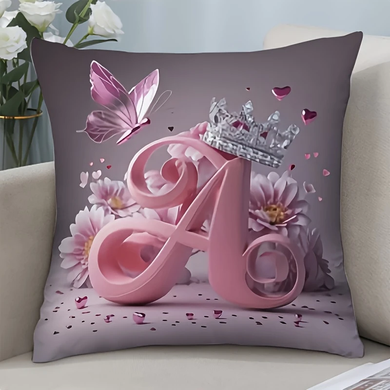 1pc Pink Floral Crown Butterfly Pillow Cover, Polyester 2D Double Sided Print Cushion Case, Initial Letter A Throw Pillowcase, C