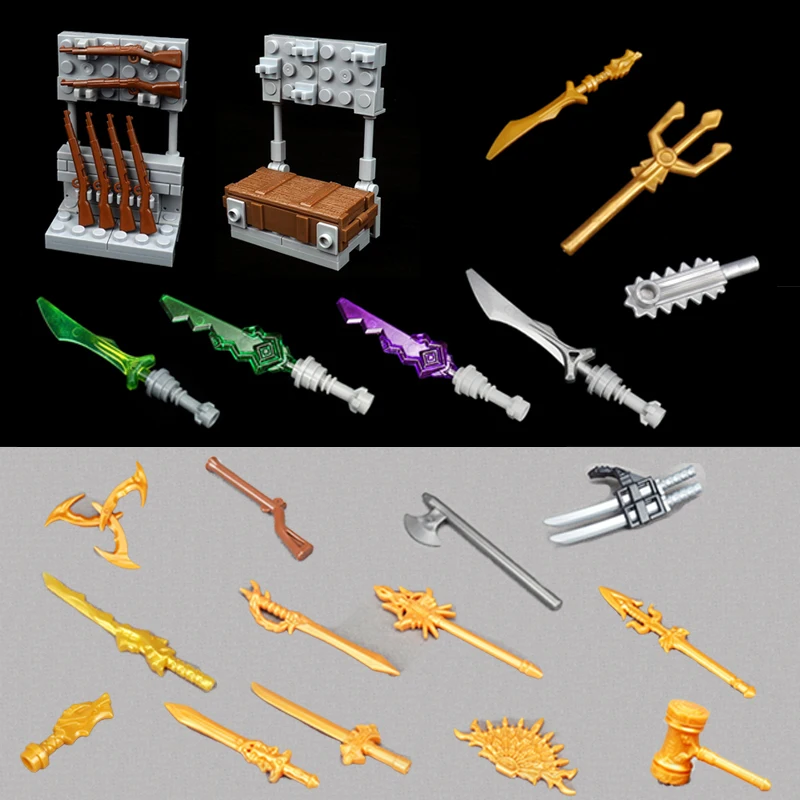 Medieval Figures Accessories Building Blocks Military Knight Axe Trident Equipment Saw Sword 98k Gun Mount Particle Bricks Toys