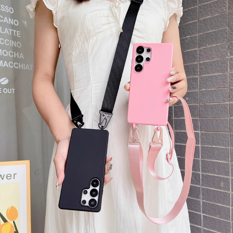 Luxury Solid Color Frosted Soft Silicone Wide Rope Phone Case for Samsung S26 Ultra S24 S23 S22 S21 S25 Ultra Plus S20 FE Cover