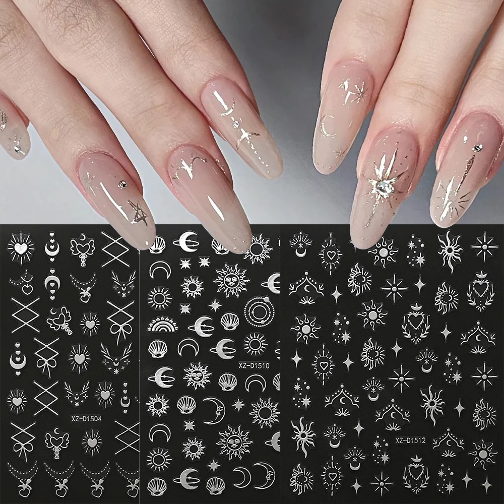 12 pz/set 3D Argento Laser Sole/Stella Luna Adesivo Per Unghie Olografico Abbronzante Foglia di Rosa Decalcomania Del Chiodo Adesivo Unghie Artistiche Decora 8*10 cm