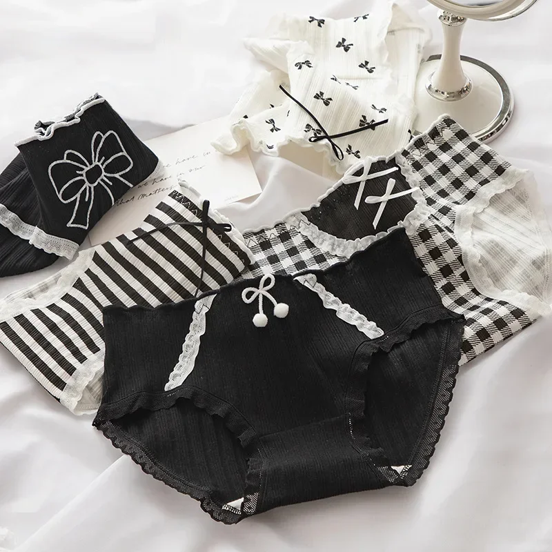 Underpants Lady Women Cotton Panties Girls Underpants Zebra Black White Plaid Wrinkled Edges Bow Breathable Underwear Briefs