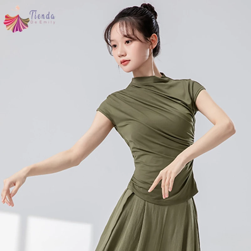 

Топ для современных танцев, женская плиссированная футболка с коротким рукавом и полувысоким воротником, однотонная элегантная классическая тренировочная одежда, тонкая блузка для йоги