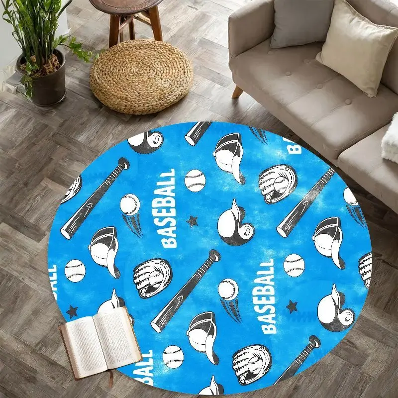 Baseball Equipment Pattern Blue Round Rug for Sports Fans Fun and Functional Floor Mat Perfect for Game Rooms