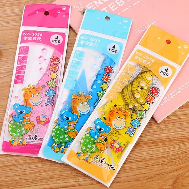 

4pcs/set Kawaii Cartoon Straight Triangle Ruler Protractor Drafting Drawing School Office Supplies