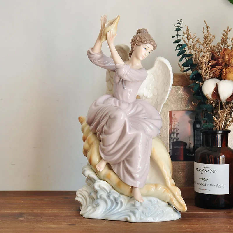 

Party Decor Ceramic Handicrafts Painted Conch Angel Maiden Sculpture Porcelain Angel Statue Home Collection Ornaments Gift