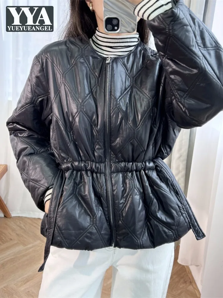 

Autumn Winter Women O Neck Zipper Loose Fit Warm Parkas Vintage Drawstring Waist Overcoat Casual Thick Jacket Plaid Outwear Coat