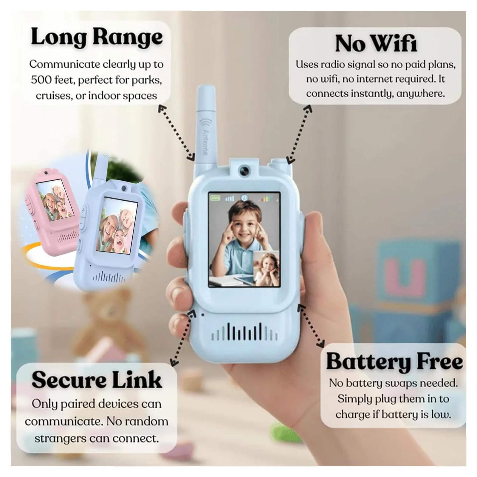 قطعتان من أجهزة الاتصال اللاسلكي عبر الفيديو للأطفال، راديو ثنائي الاتجاه قابل لإعادة الشحن مع كاميرا، ألعاب محمولة للتخييم والسفر هدية عيد ميلاد