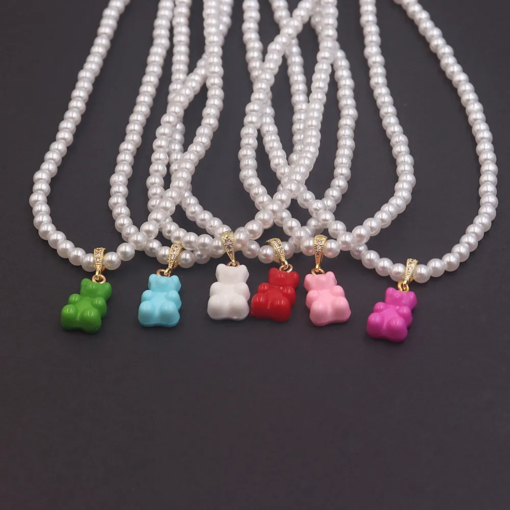 Candy Color Resin Bear Necklace for Women Imitation Pearl Chain Beads Choker Bohemia Jewelry Crystal Gummy Bear Pendant Necklace