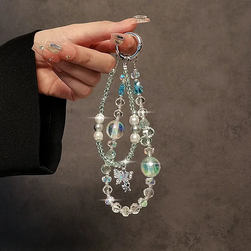 Y2k Luxury Butterfly Crystal Bead Mobile Phone Lanyard Wrist Strap Lady Hand-held Chain Short Anti-lost Cell Phone Key Pendant