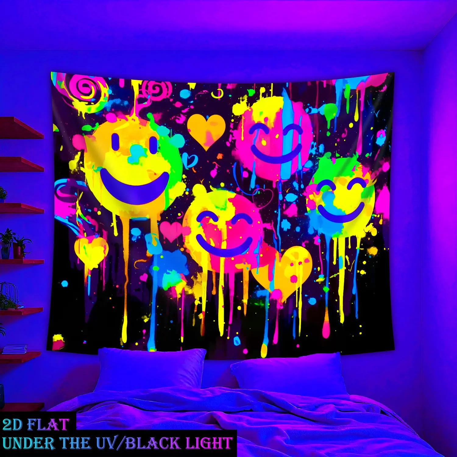 Vibrant Blacklight UV Reactive Smiley Face Tapestry Wall Hanging Neon Pop Art Psychedelic Boho Room Decoration Polyester Mesh Ba
