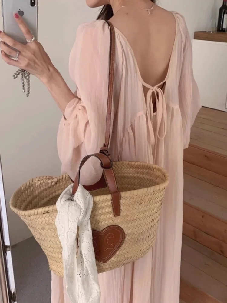 

French O Neck Long Sleeved Pleated Pink Loose Fairy Dress Minimalist Holiday Shirt Strap Long Dresses Camisas De Mujer (JJ7807