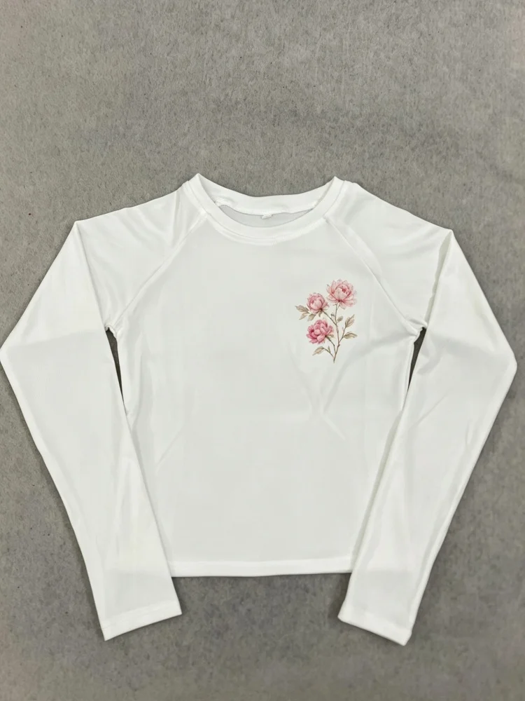 White Raglan Long Sleeve Top Pink Peony Print Cropped New Chinese Slim T‑Shirt