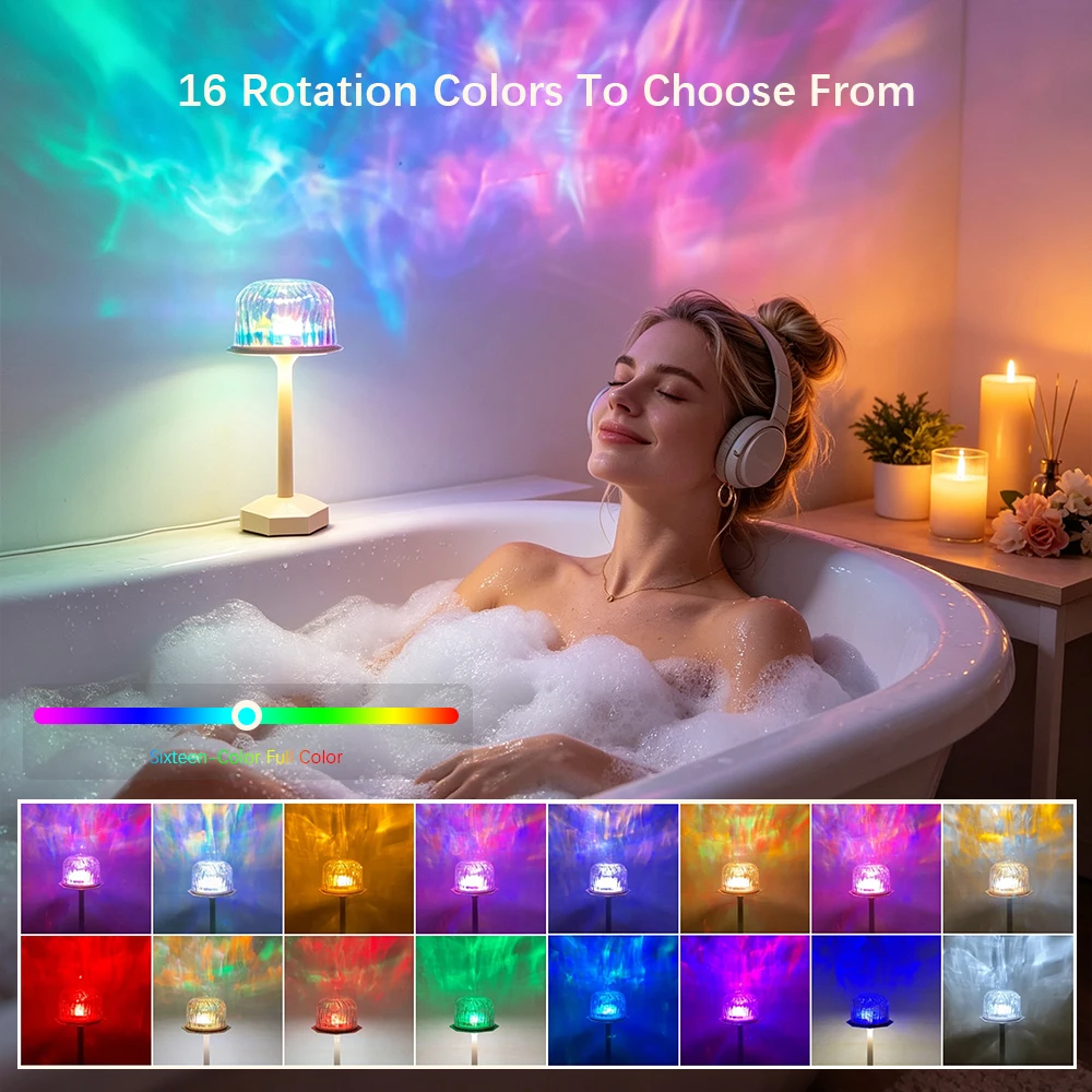 Water Ripple Projector Table Lamp 16 RGB Color Changing Night Light Touch Remote Control Rechargeable Waterproof Lamp Ideal Gift