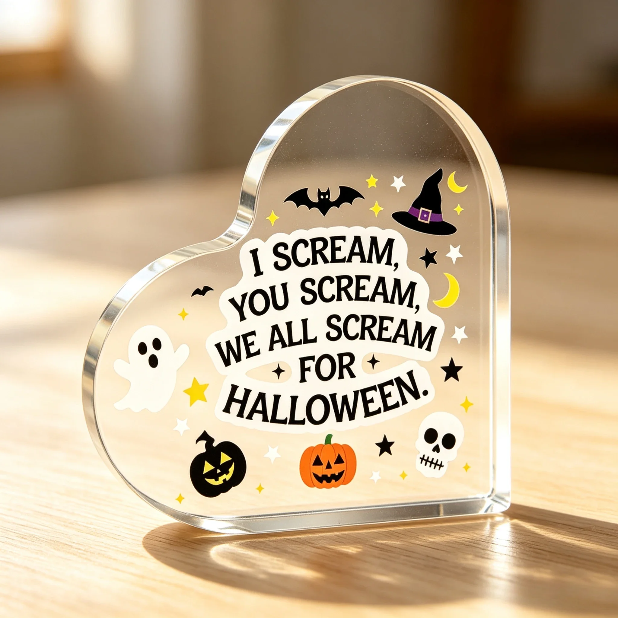 I Scream For Halloween Heart‑Shaped Acrylic Plaque, Funny Halloween Desk Decor