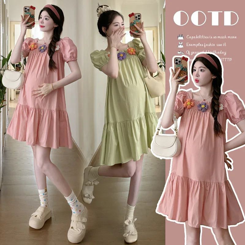 

2025 French Style Maternity Dress - Square Neck Floral A-Line Summer Dress with Puff Sleeves for Petite Pregnant Women