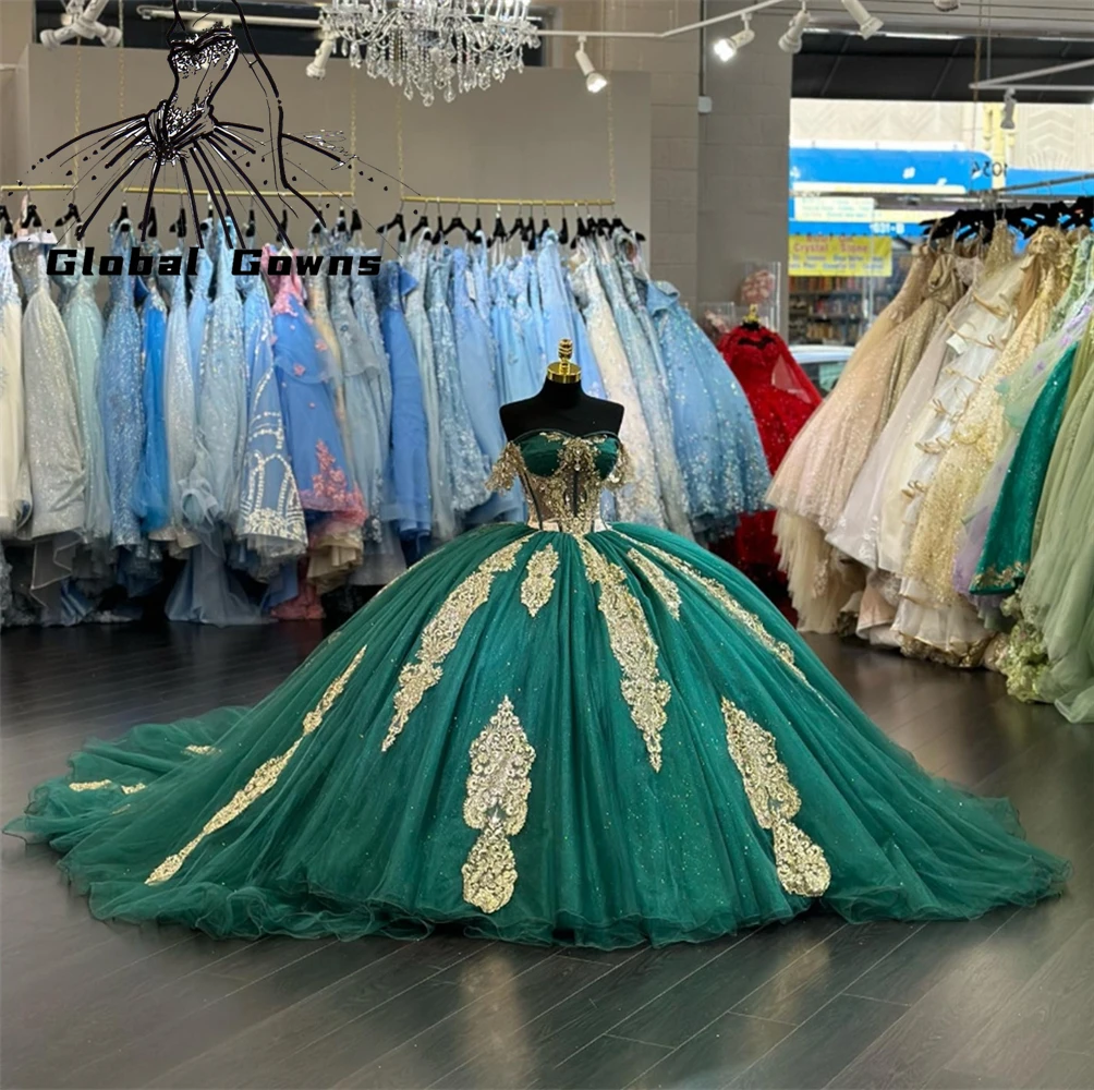 Groene Off-The-Shoulder Baljurk Quinceanera-Jurken Voor Meisjes Met Kralen Appliqués Verjaardagsfeestjurken Met Veters Voor Afstuderen