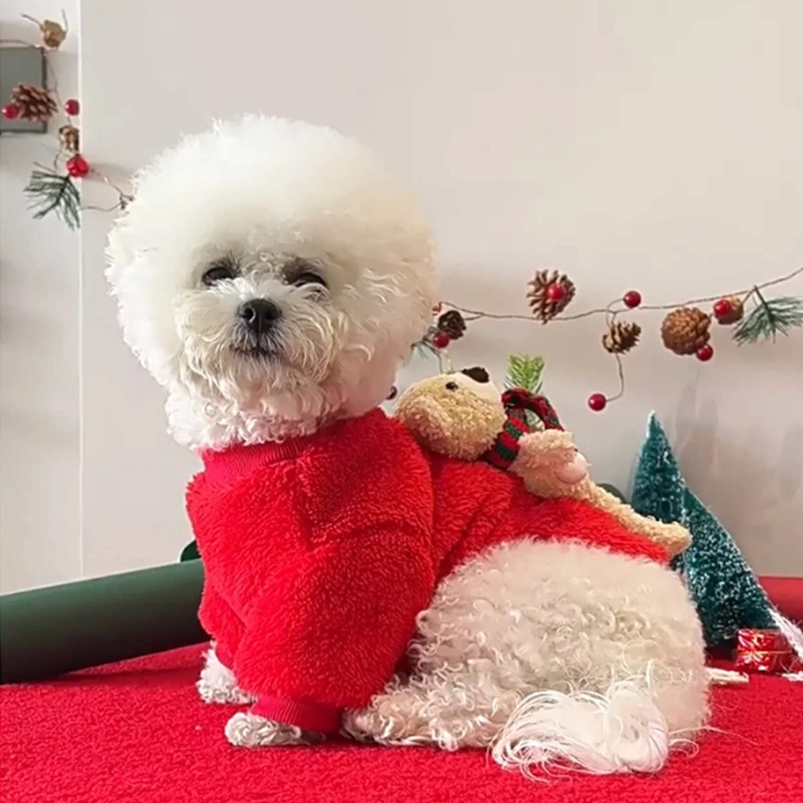 2025 New Years Pet Christmas Fuzzy Costume with 3D Plush Bear Fashion Cute Dog Sweatshirt Funny Xmas Red Warmer Dog Sweaters