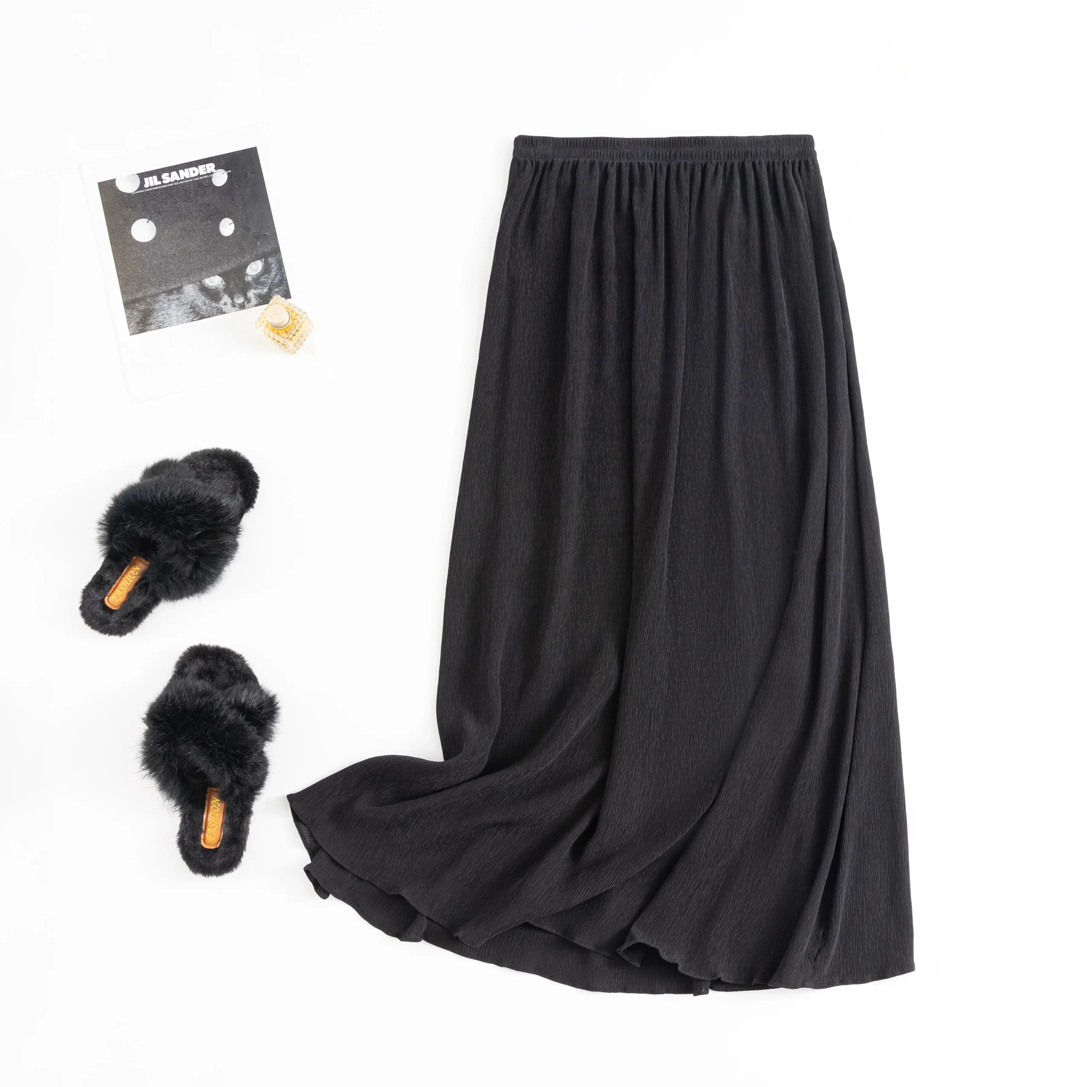 2025年レディースファッション衣料 多用途 28MM 100%天然桑絹樹皮クレープ Aライン ブラック 大きめスイング カジュアルスカート