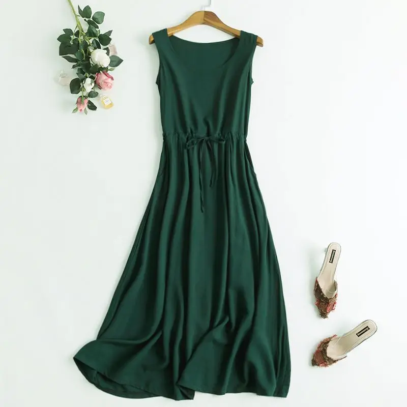 

Women Summer Simplicity Temperament Solid Color Lacing O-neck Sleeveless All-match Slip Dress Ladies Fashion Appear Thin Dress