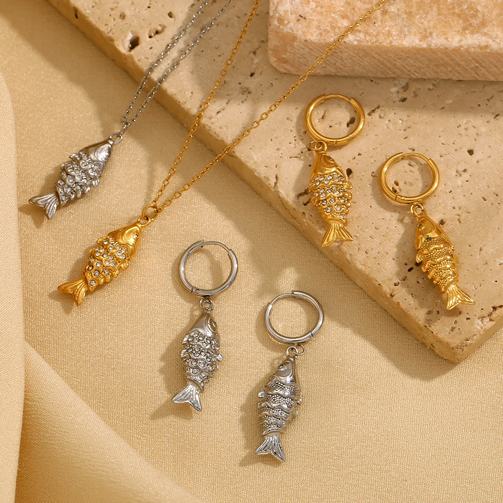 E.B.belle Rhinestone Koi Fish Necklace Earring Jewelry Set Stainless Steel Cute Fashion Animal Charm Waterproof 18K Gold Plated