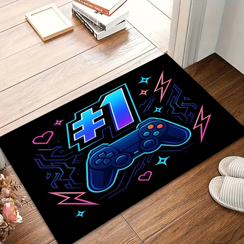 1pc Neon Gamer Rug Number One Controller Pattern Non Slip Floor Mat for Kids Bedroom Playroom Cyber Home Decor Carpet