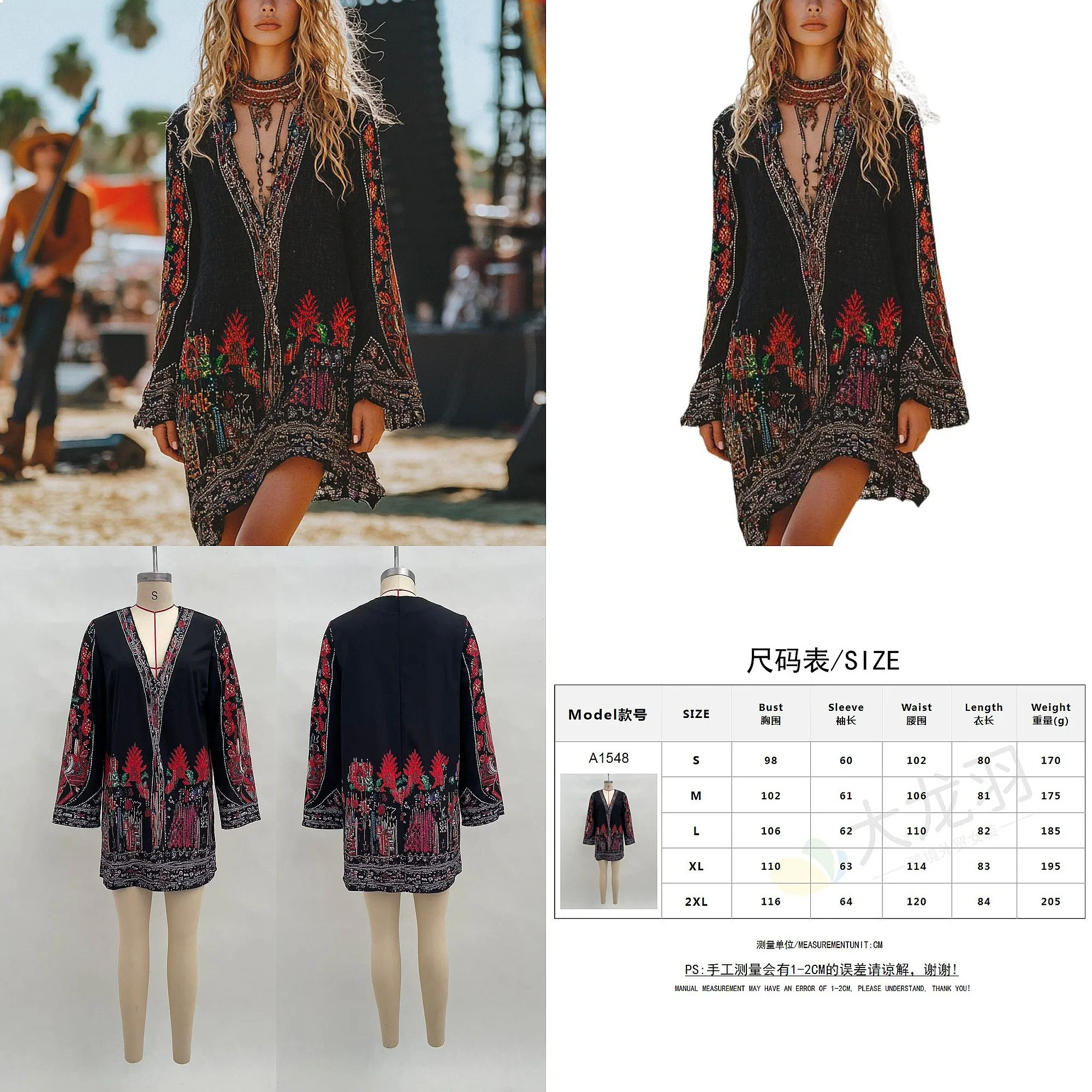 Vestido Retro con Estampado Floral, Cuello en V, Manga Larga, para Mujer, Vestidos de Primavera/Verano, Estilo Boho, Midi