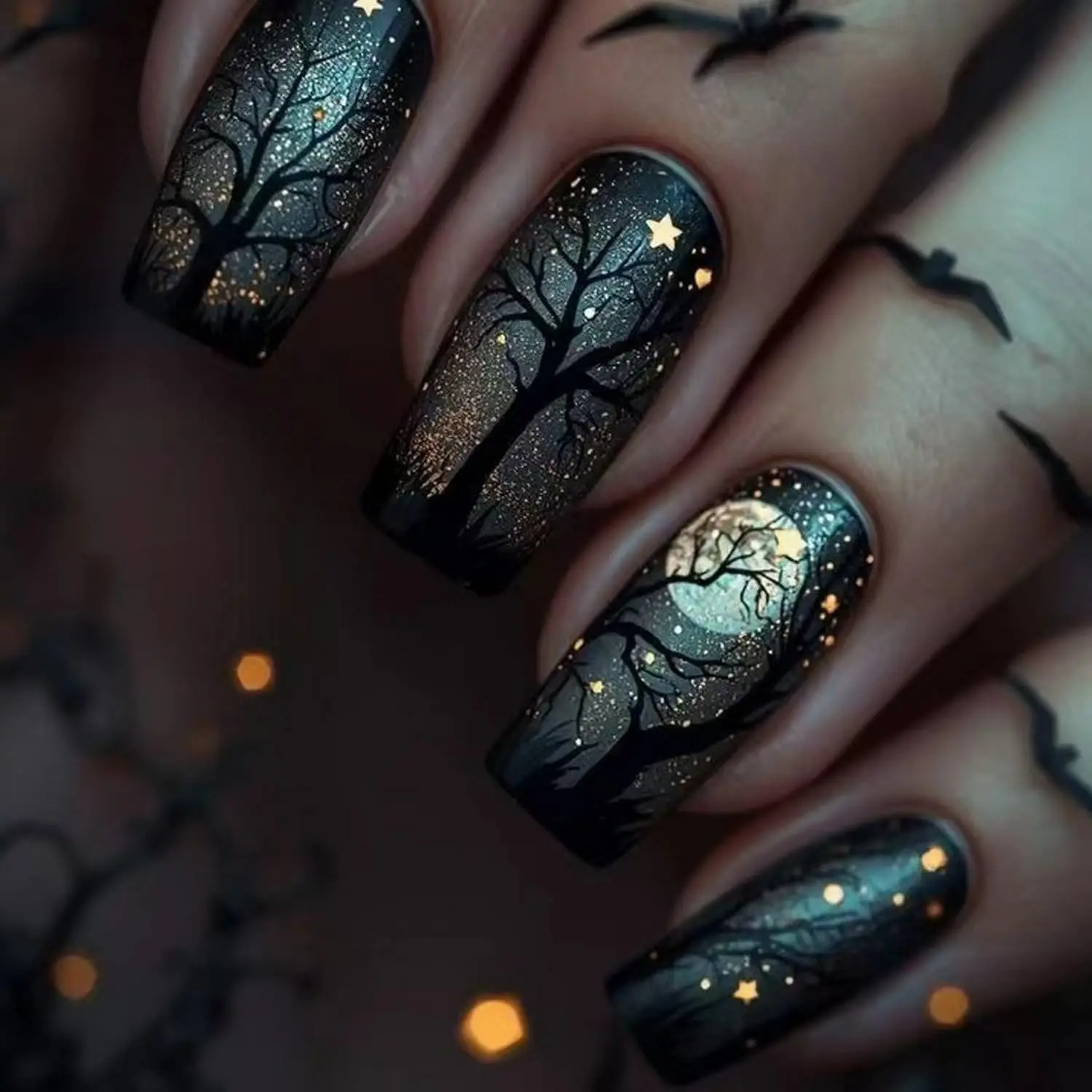 Halloween Press on Nails Halloween Glossy Fake Nails Stars Acrylic Nail Pumpkin Ghost Spiderweb Glue on Nails Halloween Ghost