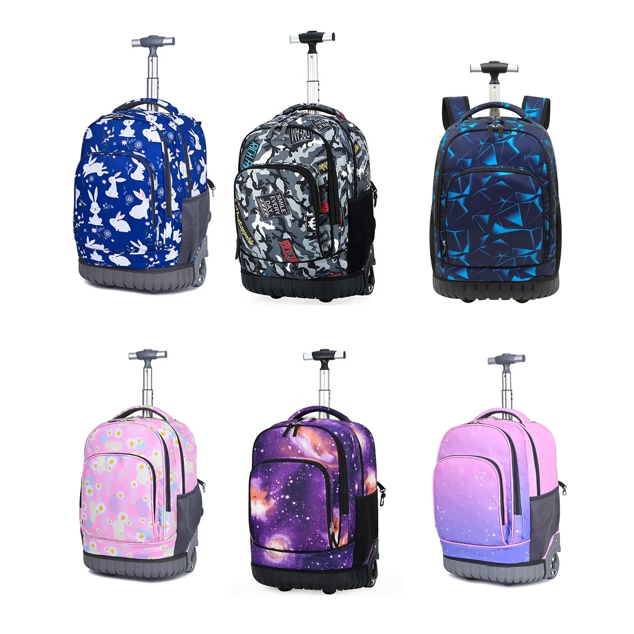 Wholesale Logo Printed Student Large-Wheel Stair-Climbing Trolley Travel Bag Double Shoulder Children's School Roller Backpack