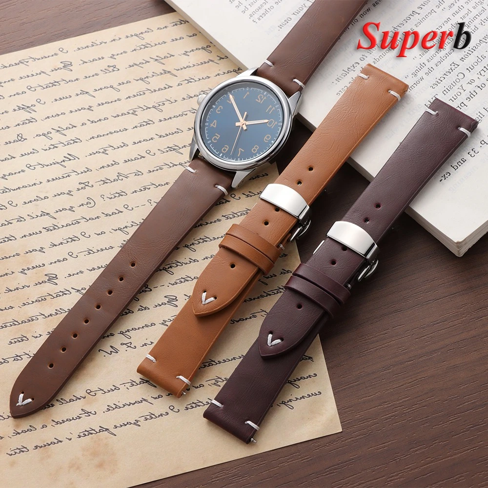 خمر النفط الشمع بولي Leather الجلود حزام الساعات 18 مللي متر 20 مللي متر 22 مللي متر معصمه خياطة حزام لأوميغا ل Seiko حزام (استيك) ساعة فراشة المشبك