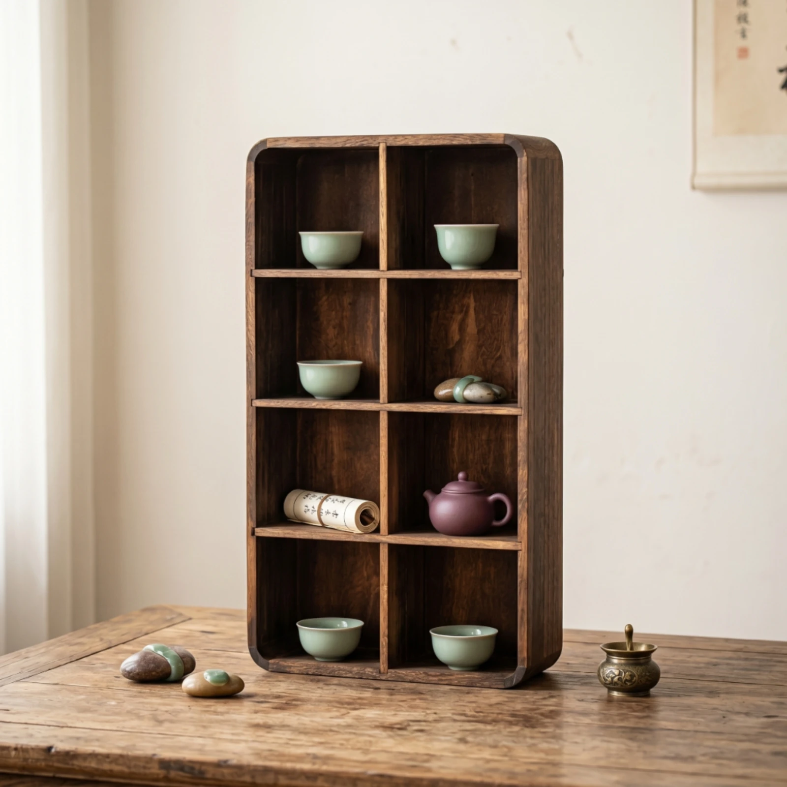 Compartment Shelf with Back Panel Carbonized Tea Cup Display Rack Teacup Display Rack Tabletop Tea Set Organizer Rustic