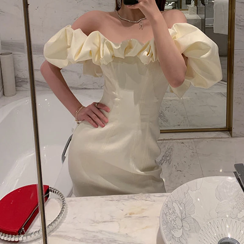 Waist dress 2022 spring women's one-shoulder white French retro dress 2022 new spring summer  Slim  vintage  Sheath