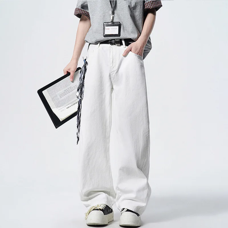Summer American Dirty Fit White Curved Blade Jeans Unisex Minimalist Wide-Leg Casual Pants for Versatile Streetwear