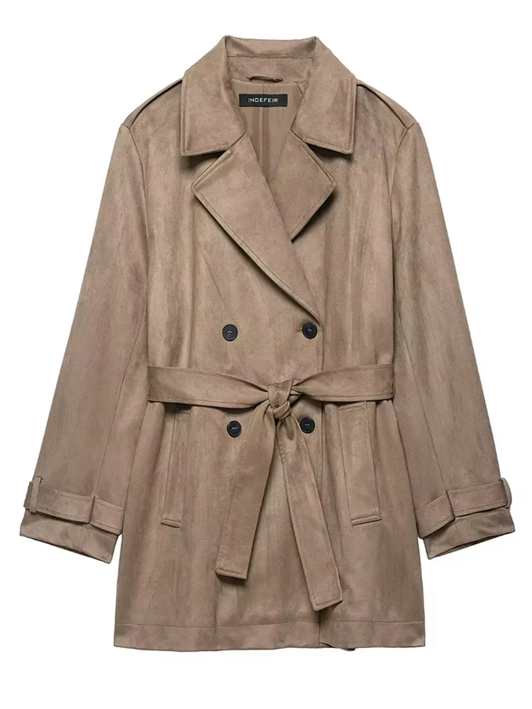 

HH Elegant Women's Faux Suede Effect Windbreaker Lapel Double-Breasted Pocket Decorate Casual Overcoat Lady Street Trench Coat